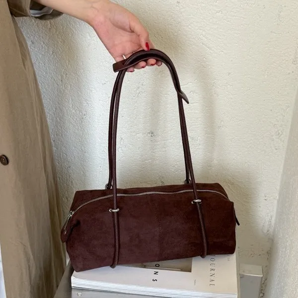 Women Faux Suede Boston Shoulder Bag Retro Large Capacity Underarm Handbag Ladies Casual Commute Cylinder Purse for Daily Wear