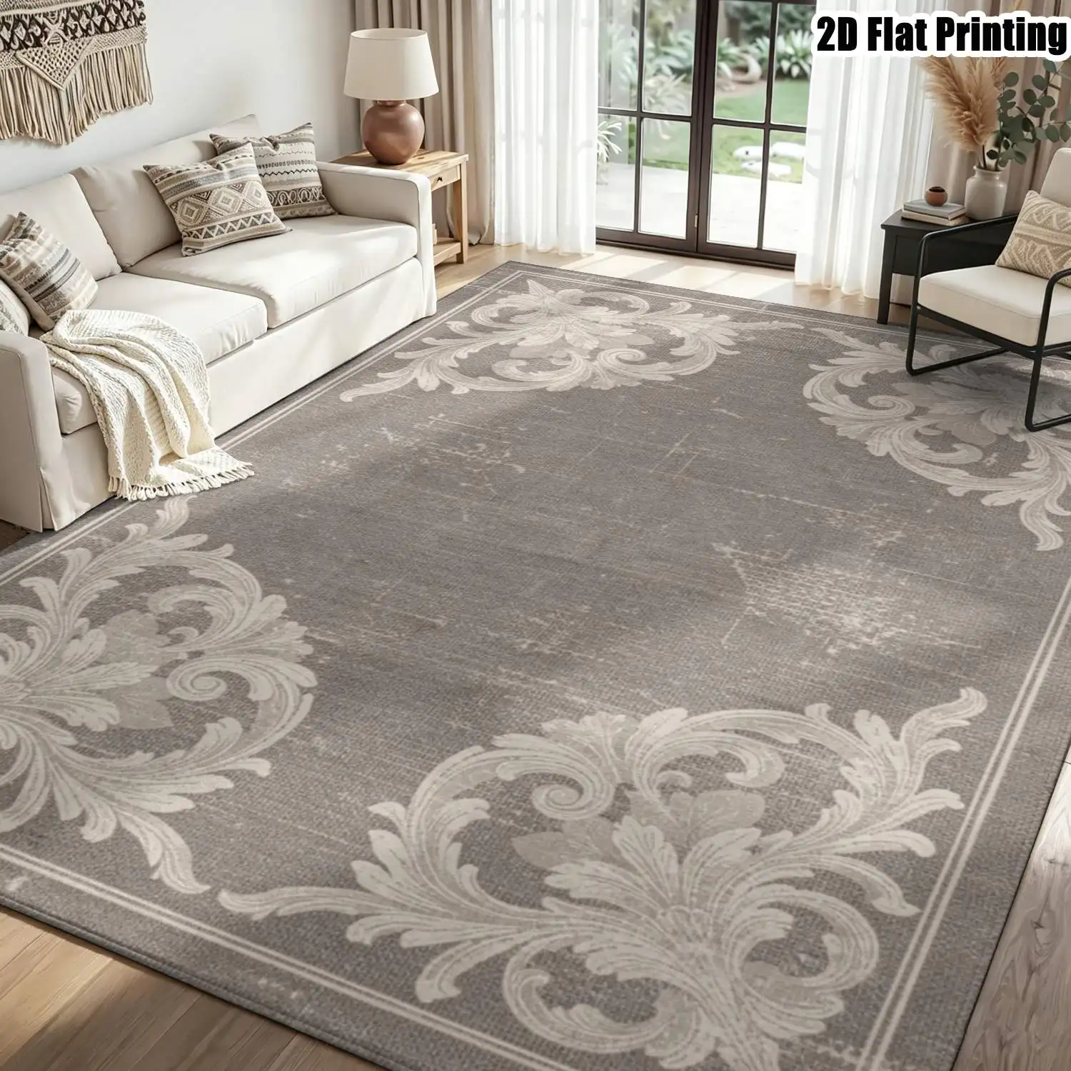 1Pc 2D Printed Gray Background Scrolling Flower Carpet: European Vintage Home Decor Mat, Multi-Size, Machine Washable, for Entryway, Dining Room, Bedroom, Study, Living Room