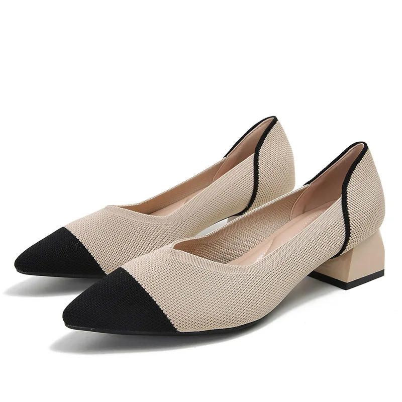 2022 New Women's Shoes Knitted Breathable Square Toe Heel Fashionable Beautiful Princess Shoes Luxury Brand Women Pumps