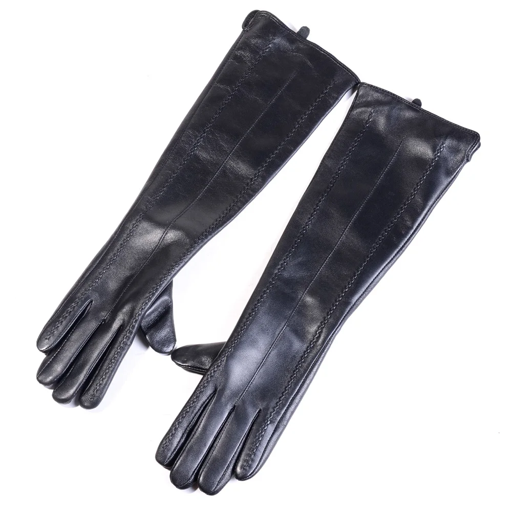 Guantes largos de cuero Real para mujer, forro de lana, elegante, clásico, pantalla táctil, negro, fiesta de noche, ópera, 45cm