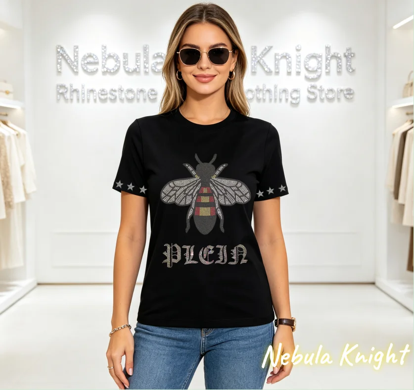 Women's Bling Crystal Rhinestone Short Sleeve Cotton T-shirt O-Neck Luxury Casual Summer Streetwear Top