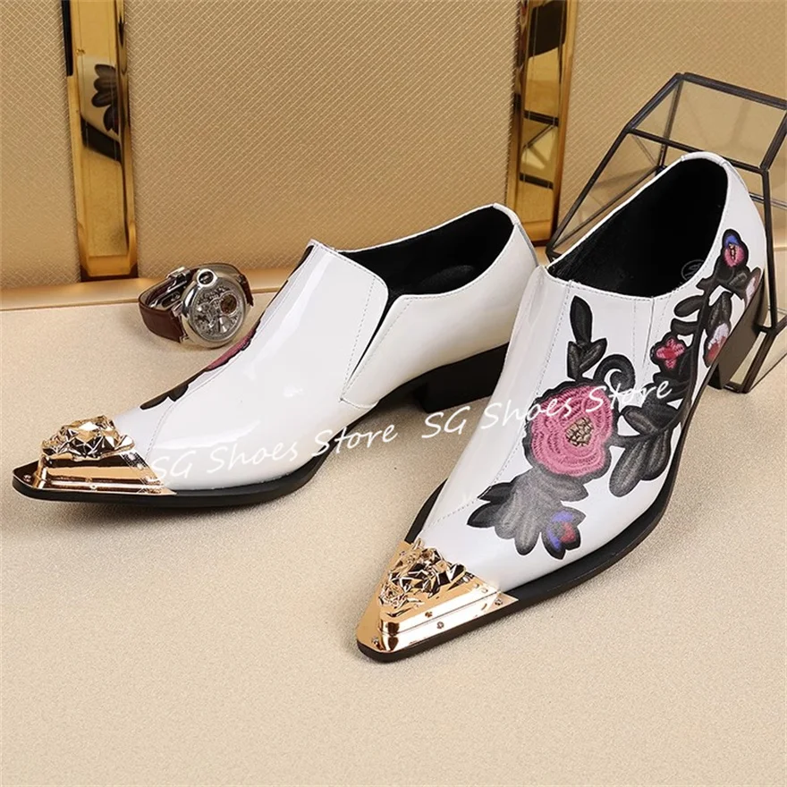 

Retro Embroidery Rose Decor Genuine Leather Loafers for Men Metal Pointed Toe Chunky Heel Derby Shoes Male Business Dress Shoes