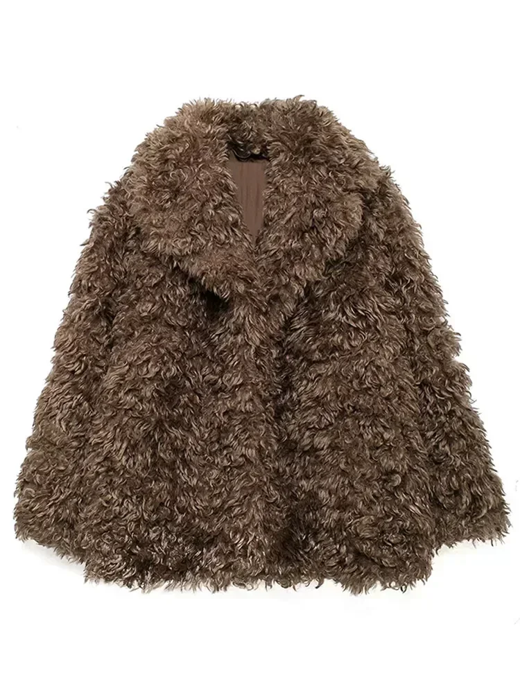 豪華な人工ふわふわフェイクファーのジャケット女性エレガントなラペル長袖厚いコート秋冬暖かいストリートアウター
