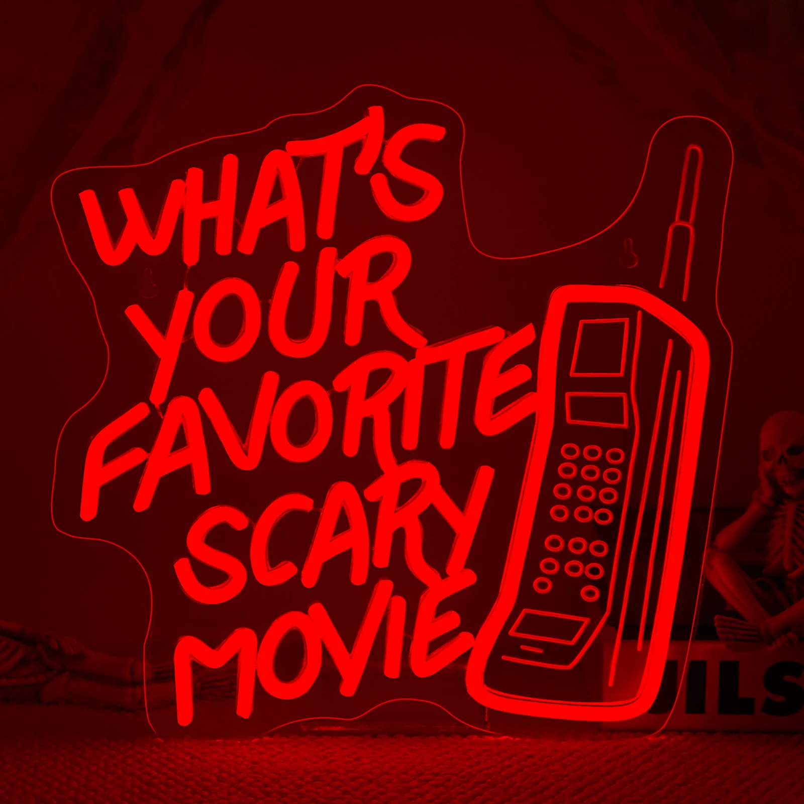 What’s Your Favorite Scary Movie Neon Sign Red LED Wall Light with Retro Phone Design  Horror Movie Night Halloween Party Decor