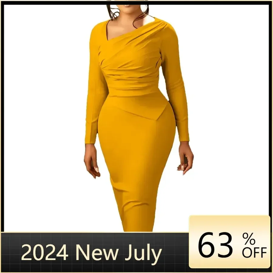 

Elegant African Dresses for Women 2024 Summer Long Sleeve Polyester Solid Color Party Evening Casual Bodycon Dress Outfits S-3XL