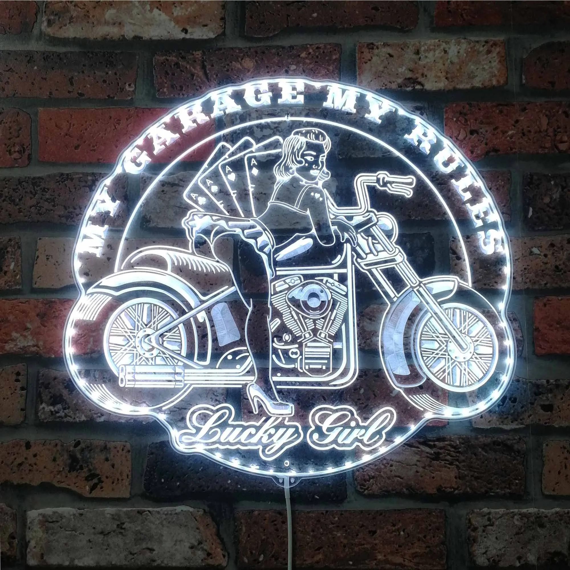 My Garage My Rules Motorcycle Lucky Poker Girl RGB Dynamic Glam LED Sign st06-fnd-i0327