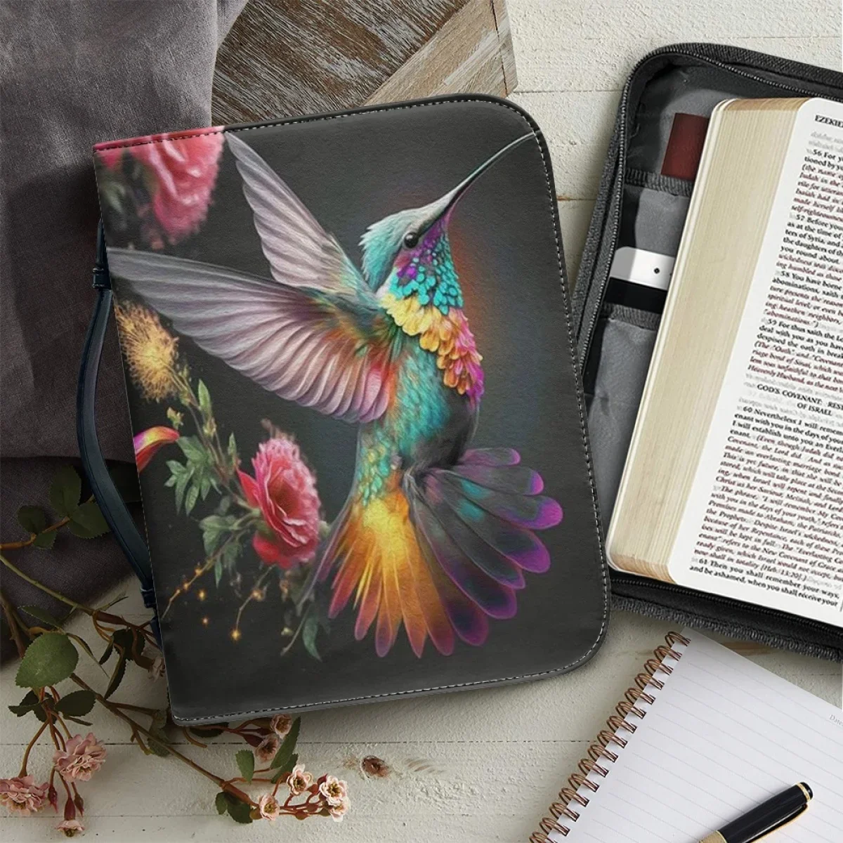 

Fashion Art Flowers Hummingbird Pattern Print Bible Bag for Women Portable Handbag Zippered Handle Study Book Holy Storage Boxes