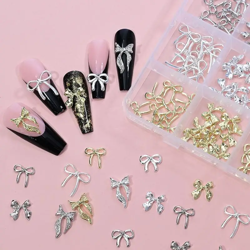 96/120 Stücke 3D Gold Schleife Schmetterling Nagel Metall Charms Glänzende Bowtie/Diamant Stern DIY Nagel Dekor Zubehör Luxus Nail art Liefert