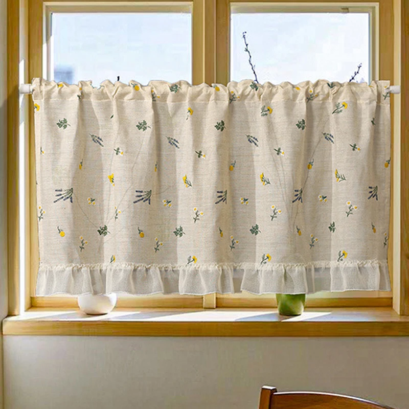 

Floral Embroidery Curtains Pastoral Style Beige Sheer Flower Valance Rod Pocket Window Treatment for Bedroom Living Room Kitchen