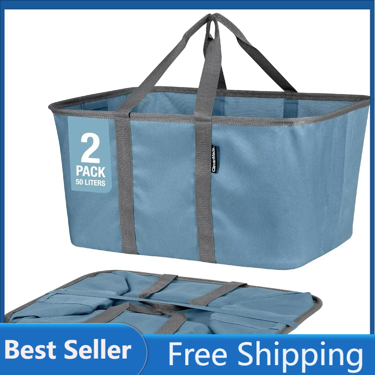 CleverMade Collapsible Laundry Tote, Denim/Charcoal 2PK - 50L (13 Gal) Collapsible Laundry Baskets with Sturdy Pop-Up Wire Frame