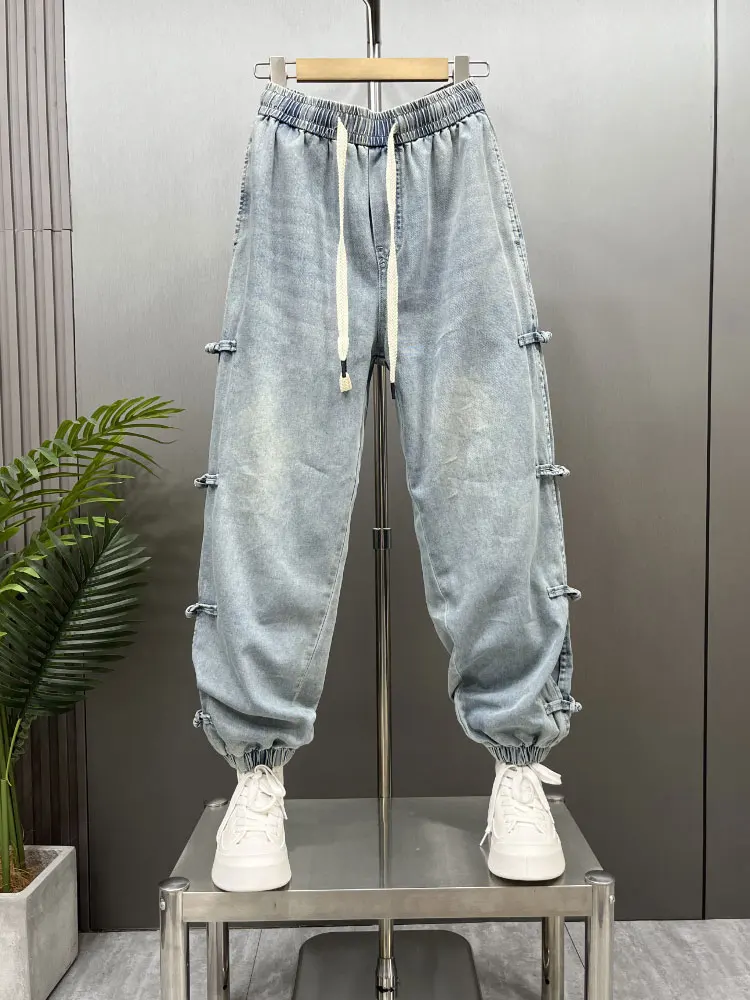 

Голубые мужские летние джинсовые джинсы, новые национальные свободные модные узкие брюки Харлан на пуговицах из девяти предметов, модные