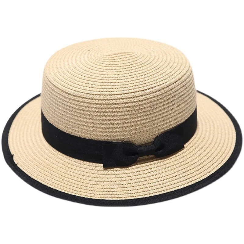 Straw Hat Women's Pure White Flat Top Sun Hat Travel Face Cover Sun-proof All-matching Hat British Fashion Bowknot Top Hat