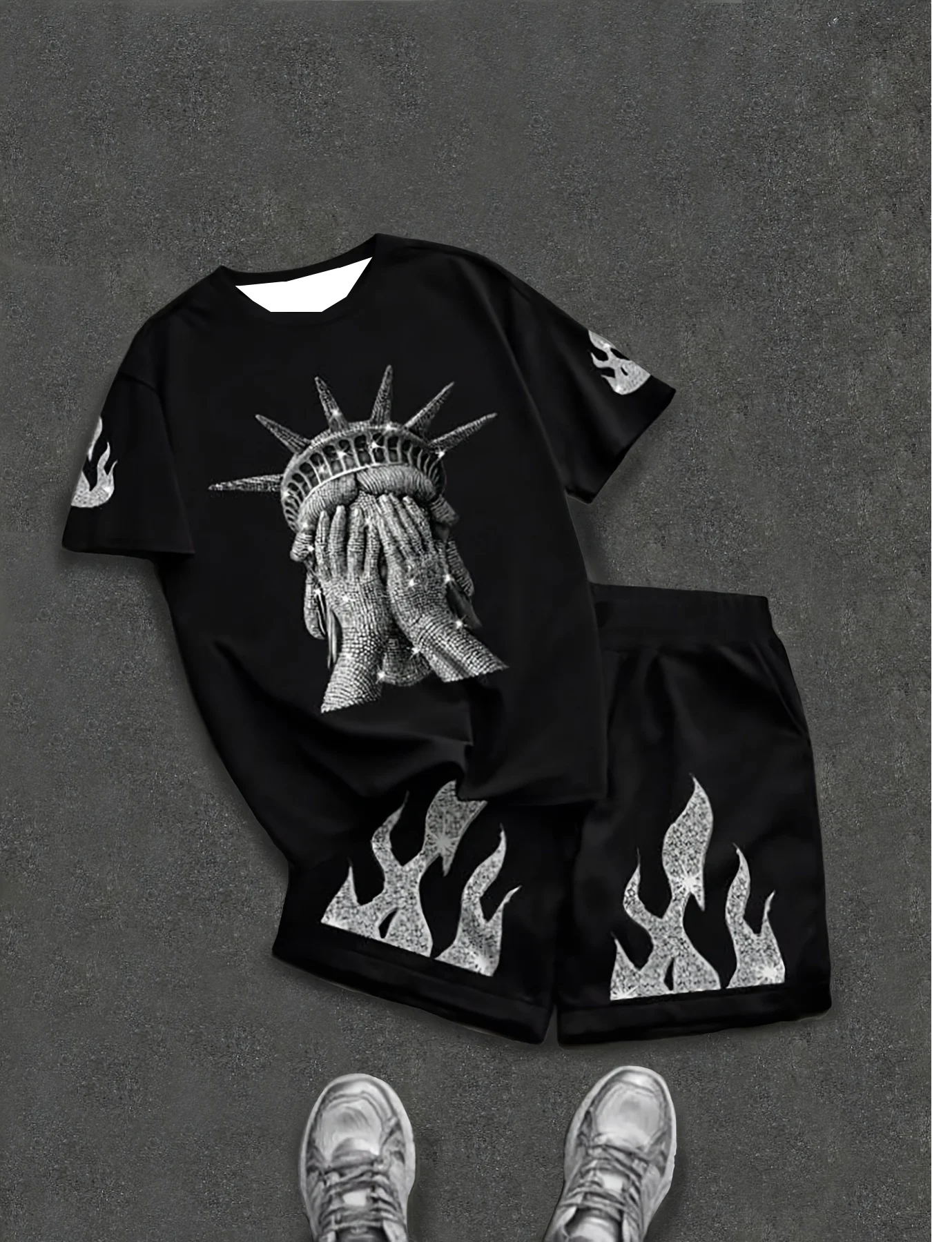 

2026 New Men's Black Statue of Liberty Flame Print Shorts Y2K Oversized Casual Suit Suitable for Daily and Training Wear