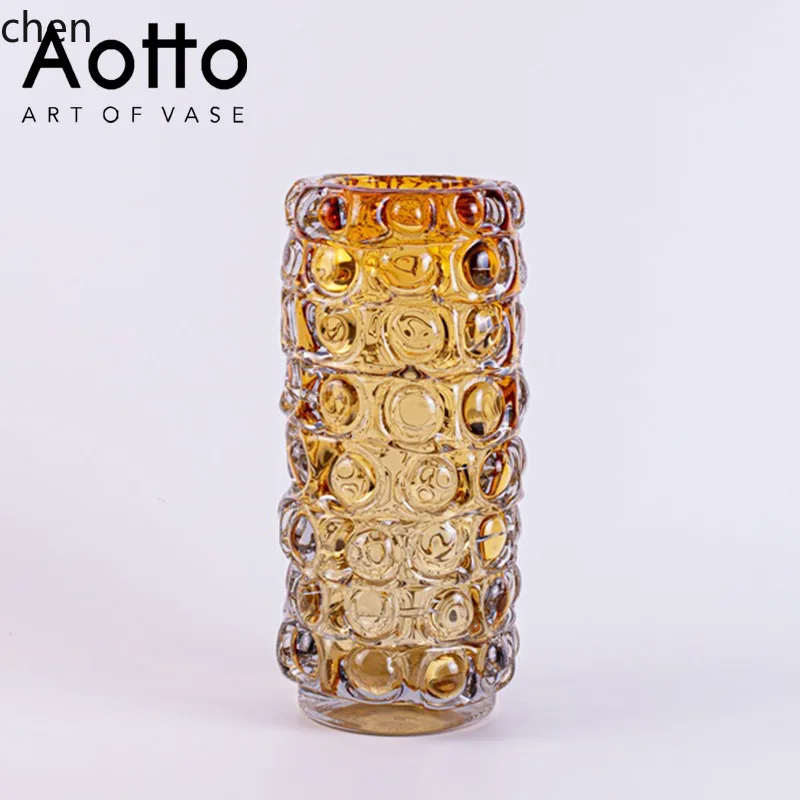 Hxl amber glass vase embossed pattern flower arrangement ornament storage candy jar