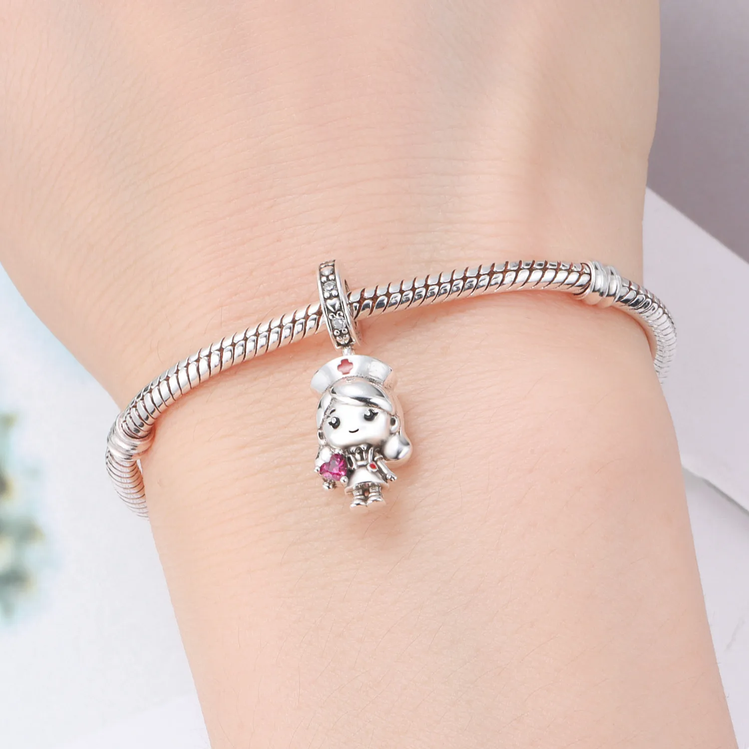 Cycuff 925 Sterling Silver Love Nurse Cartoon Character Bead Original Pendants Bracelet Necklace Charm Jewelry Party DIY Gifts
