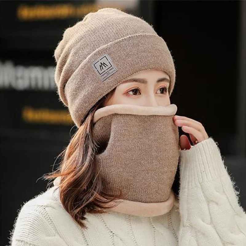 2Pcs/set Knitted Hat Scarf Women Winter Warm Solid Beanies Scarves Sets Outdoor Cycling Ear Protection Windproof Woolen Bonnet