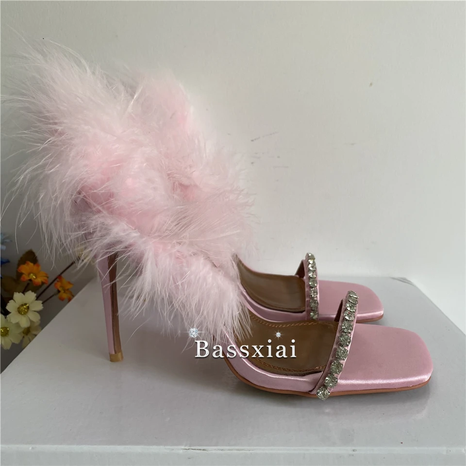 Scarpe da banchetto in piuma stile fata donna 10cm tacchi alti sottili quadrati Open Toe sandali estivi con strass ingioiellati da donna