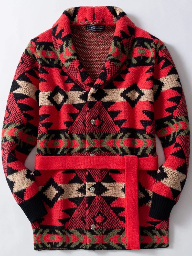 

Осень-зима Новые мужские пальто Кардиган Свитера средней длины Пальто с отложным воротником и длинным рукавом с принтом Повседневная шнуровка с поясом