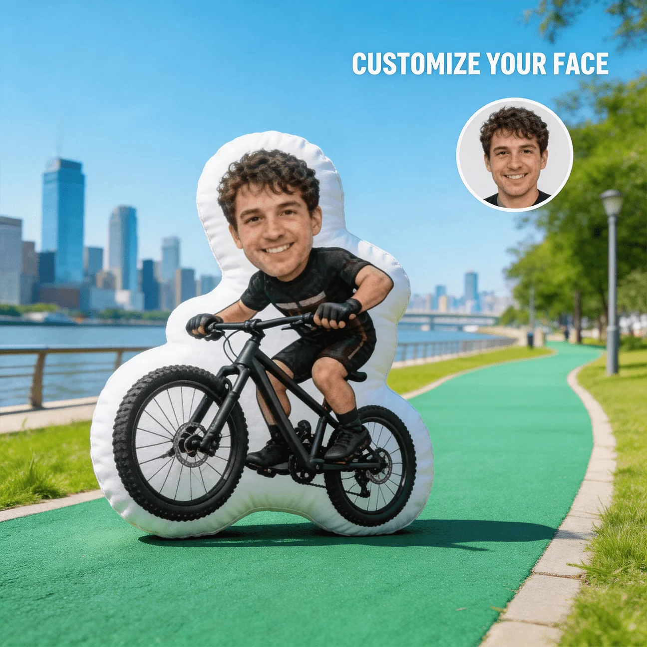 Custom Personalized Photo Face Pillow, Mountain Biking Custom Shaped Decorative Cushion, 60CM Large Size Accent Pillow for Sofa