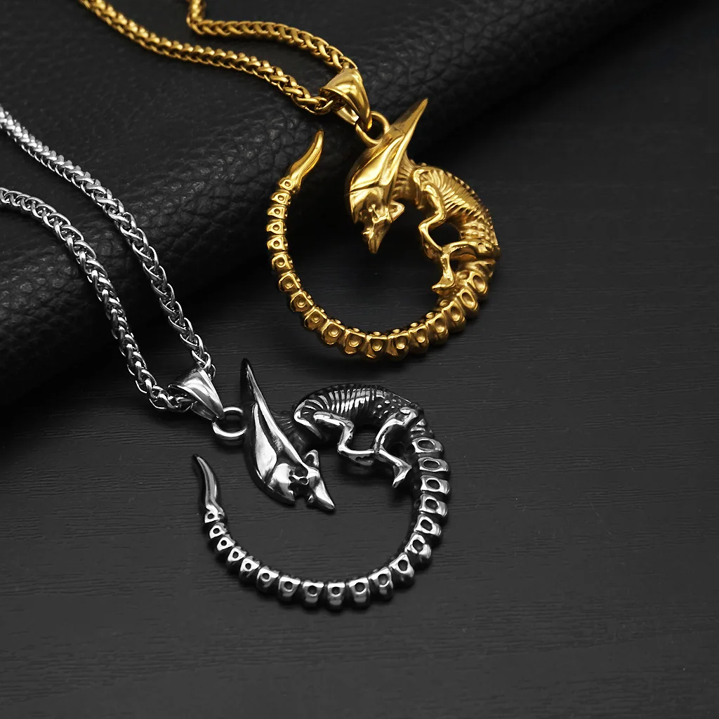 Punk Rock Hip‑hop Alien Creature Pendant Necklace for Men, Gothic Dark Style Stainless Steel Personality Streetwear Neck Jewelry