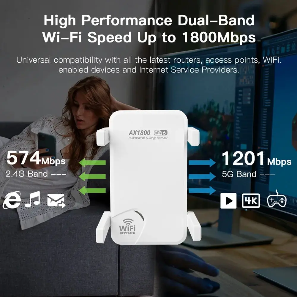 Repetidor WiFi de Banda Dupla, Extensor Sem Fio, Rede Wi-fi Booster, Amplificador de Sinal de Longo Alcance, 6, 2.4, 5GHz, AX1800 Mbps, AX1800