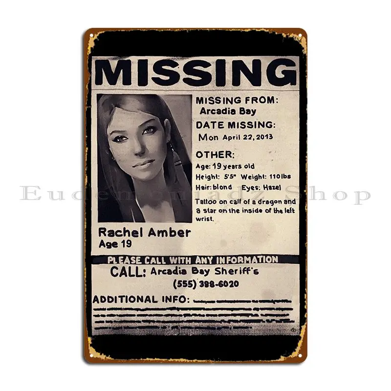 Missing Rachel Amber Metal Sign Poster Pub Design Wall Mural Cave Retro Tin Sign Poster