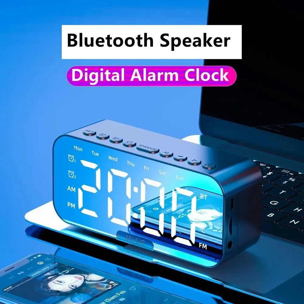 

1PC LED Despertador Digital Com Bluetooth, Alto-falante Espelho Quarto Escritório Decoração Tabela Tela Temperatura Rádio FM