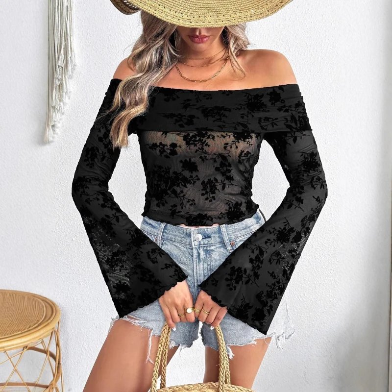 Women's Knitted Mesh Plush Flower Printed Off Shoulder Trumpet Sleeves Slim Fit T-shirt Top for Women