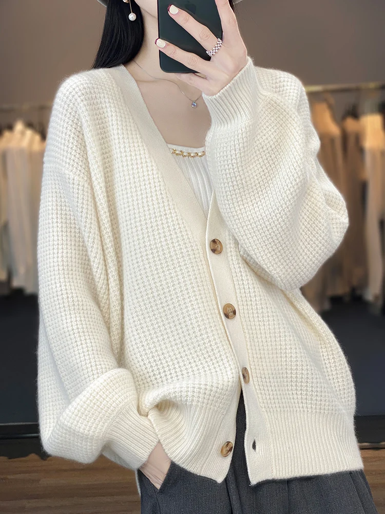 Large Size Fall Winter 100% Merino Wool Cardigan V-Neck Sweater Long Sleeve Knitted Outerwear Fashion Trend Women Clothes Casual