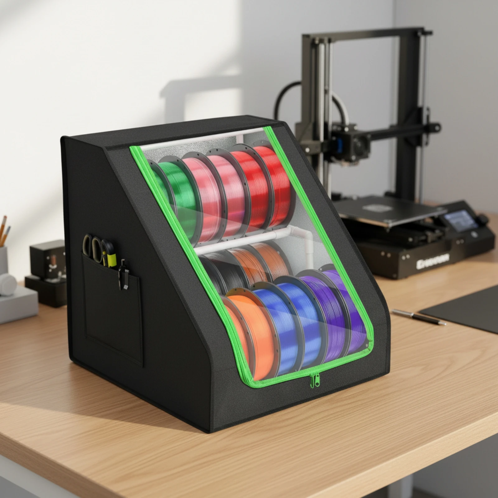 Filament Storage Box Transparent Filament Organizer with Pockets Spool Holder Dustproof Allintegrated for Makers, Home Workshops