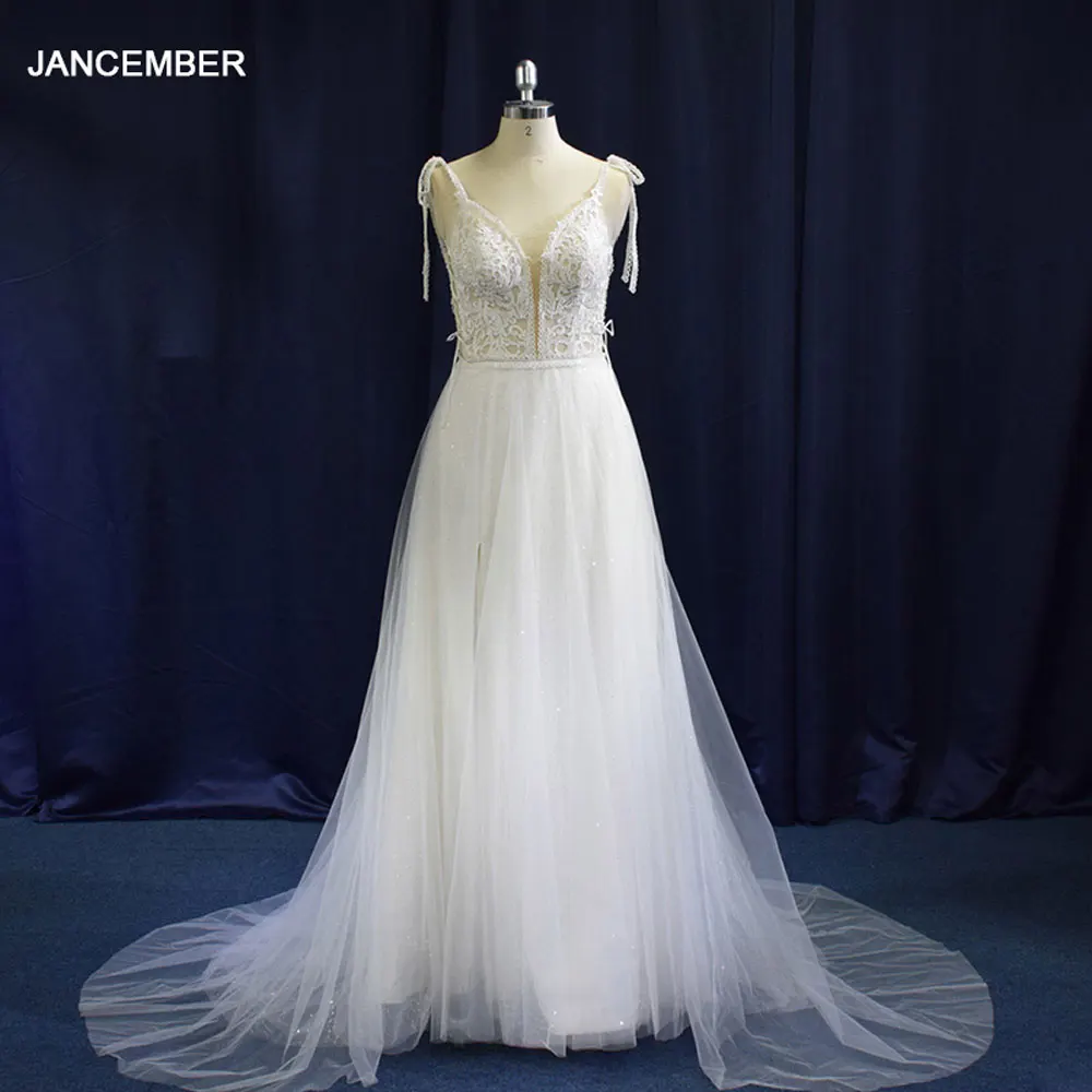 

Jancember Lace Wedding Dresses Spaghetti Straps Civil High V-neck Vestido De Novia A-line Tulle Bridal Gown Floor-Length Lace up