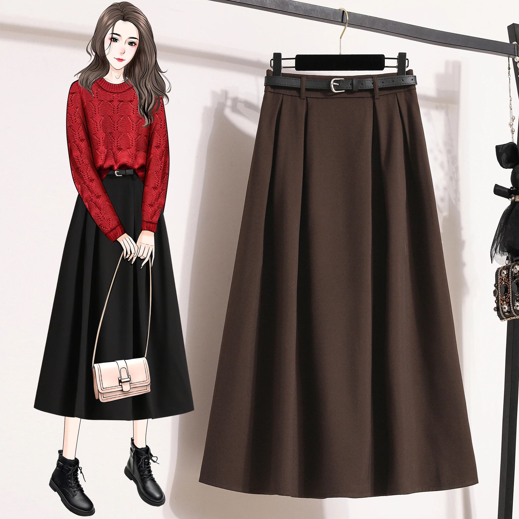 Plus Size Skirt Women 2024 Autumn Winter High Waist A Line Long Skirt With Belt Korean Style Pleated Maxi Skirts Womens Hot Sale