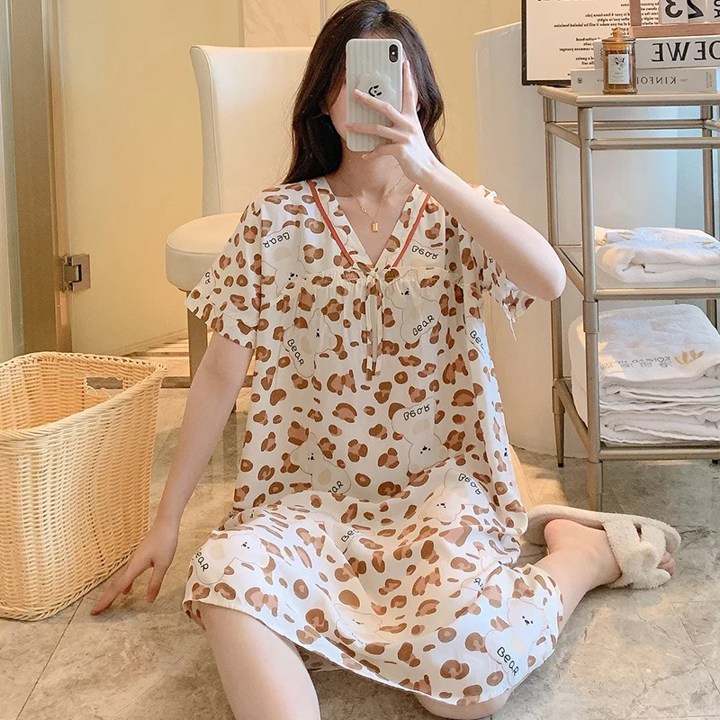 Summer Women's Nightdress Cotton Silk V-neck Sweet  Night Gown Sexy Night Wears For Ladies