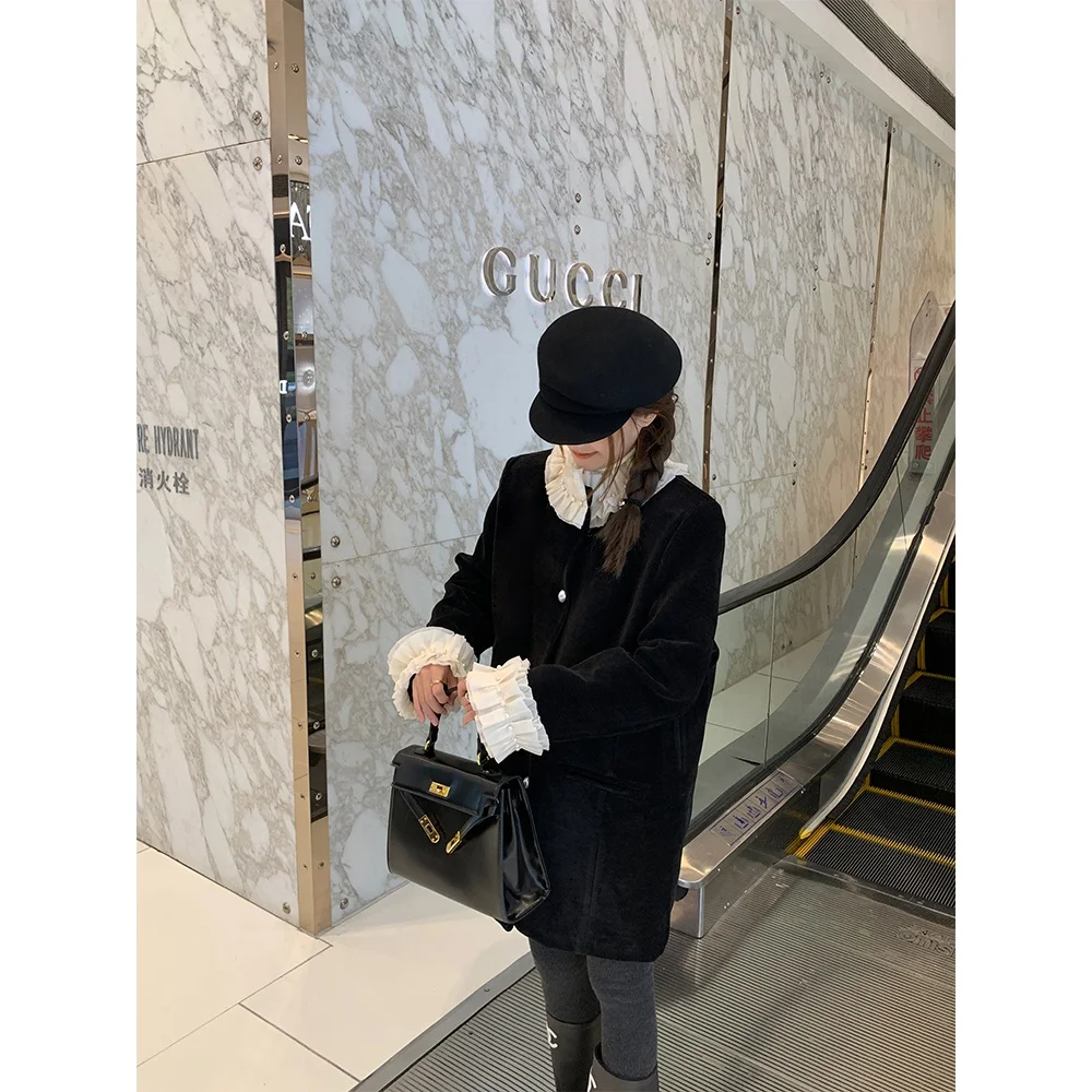 Black Velvet Ruffle Collar Thickened Jacket Pijiu Closure 5 Women's Fashion Winter Short Outerwear Pure Color Regular Sleeve