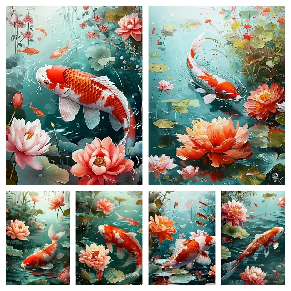 5D DIY Diamond Painting New Koi Fish Full Diamond Mosaic Animal Lotus Diamond Embroidery Kit Rhinestone Home Decor