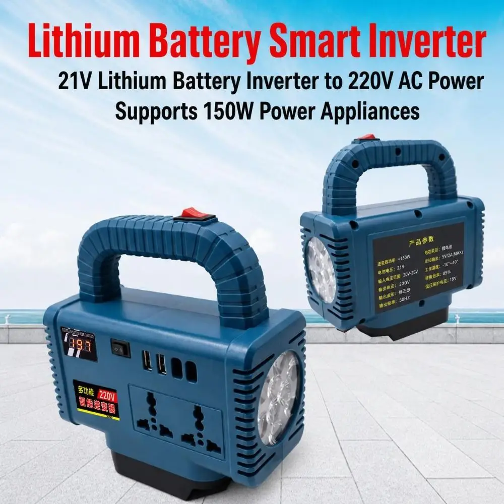 LED Work Light Battery Power Inverter USB Charging Digital Display DC to AC Converter Carry Handle 150W for Makita 18V Battery
