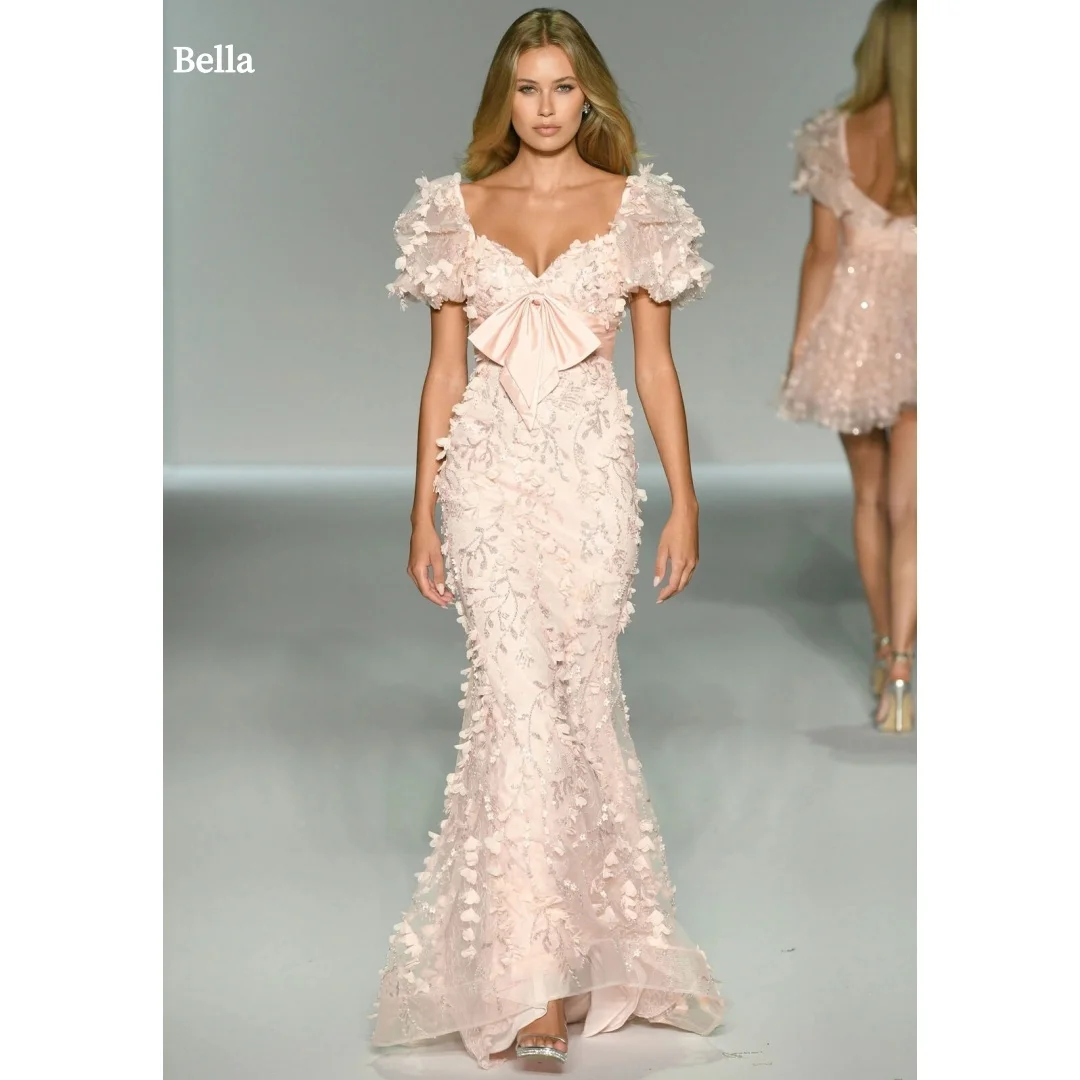 

Bella Customized Pink Bow Puff Sleeve robes de soirée Mermaid Strapless 3D Flowers Party Dresses Floor-Length Prom Dress 2025