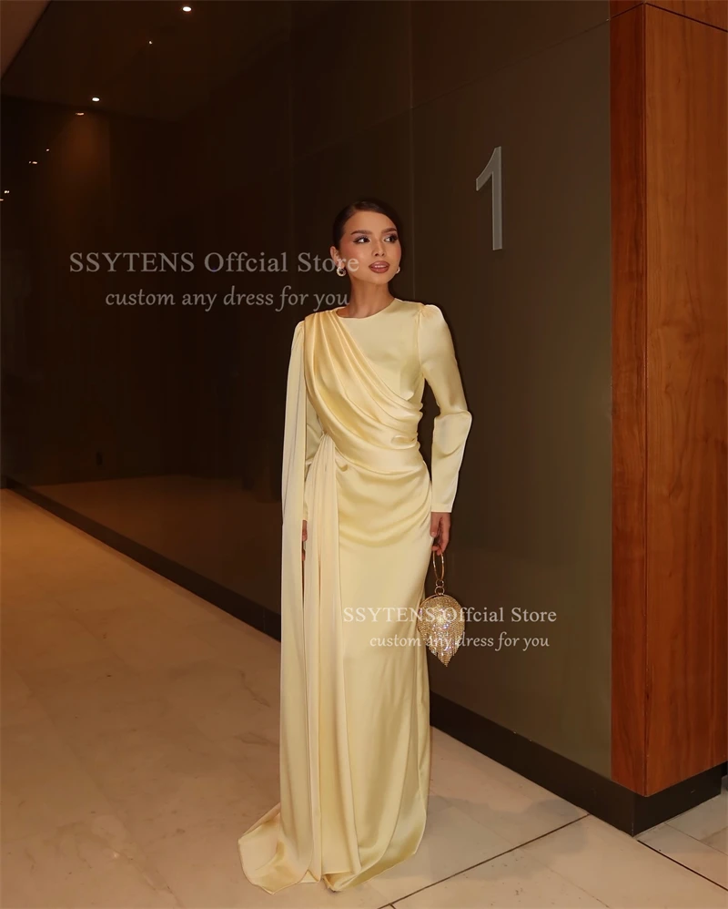 SSYTENS 우아한 노란색 새틴 이브닝 드레스 긴 소매 공식 행사 드레스 결혼식 사우디 아라비아 파티 파티 가운 맞춤형