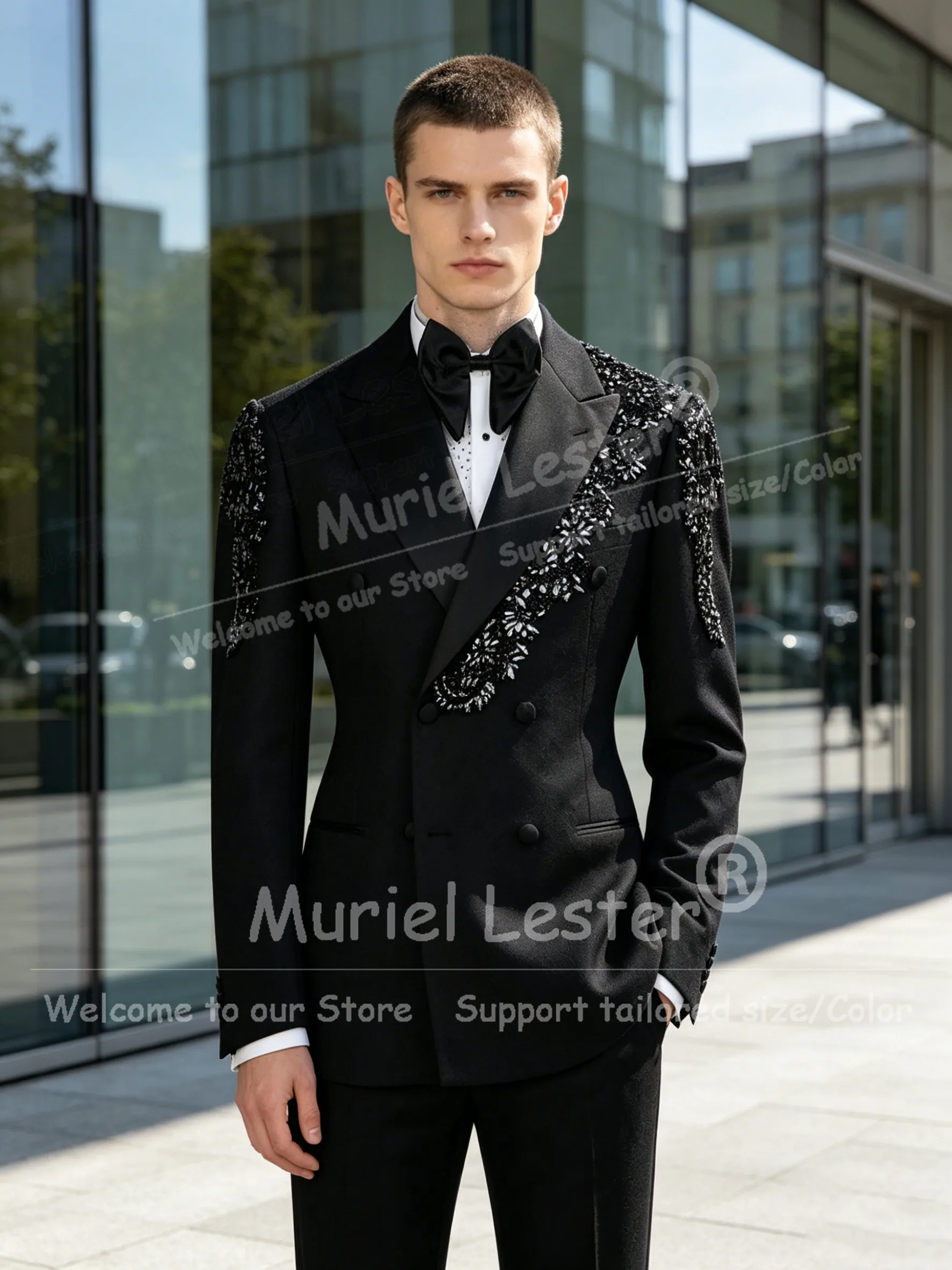 

Brilliant Suit Man Diamond Beaded Stones Prom Blazer Double Breasted Jacket Pants 2 Piece Sets Groom Tuxedos Customized Outfits
