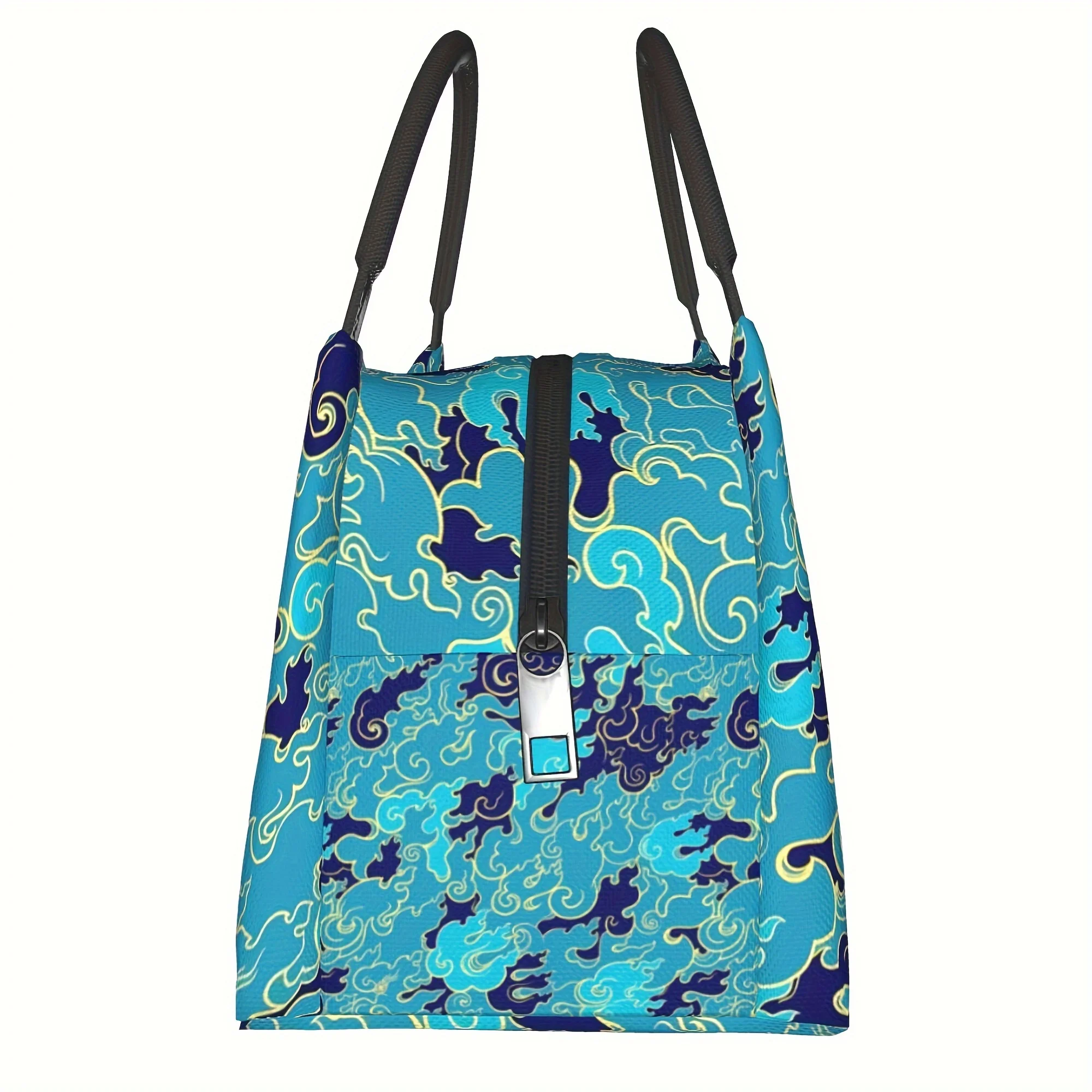 Blue Cloud Pattern Insulated Lunch Bag Durable Polyester Oxford Reusable Cooler Tote for Travel Office