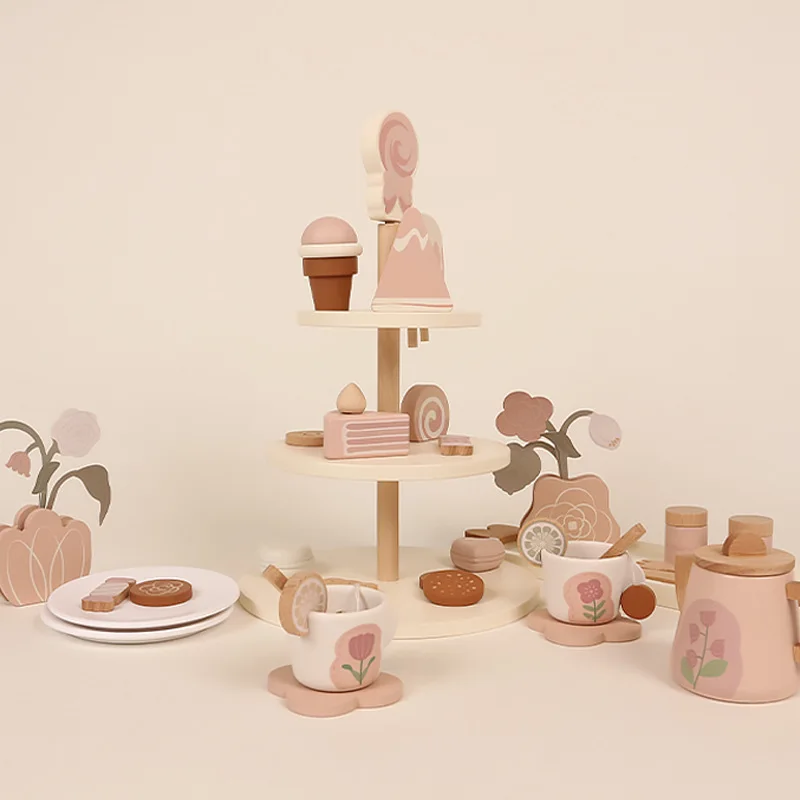 

WoodenPrincess TeaParty Set for Kids,Pink FlowerTea Time Toy with Cakes&Ice Cream,Educational Pretend PlayKitchenGift for Girls