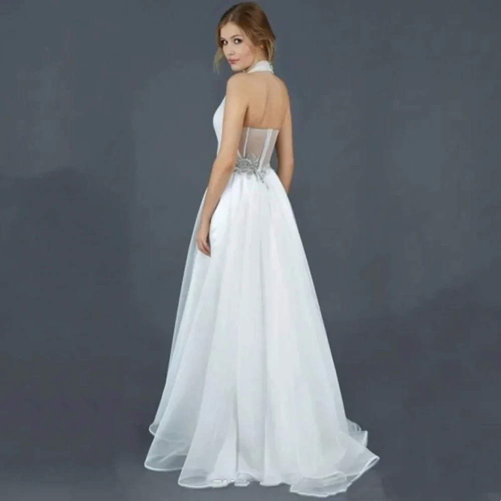 Customzied Elegant Halter Wedding Pants with Train Sexy Backless Jumpsuits Dress Women for Wedding Sleeveless Vestido De Novia
