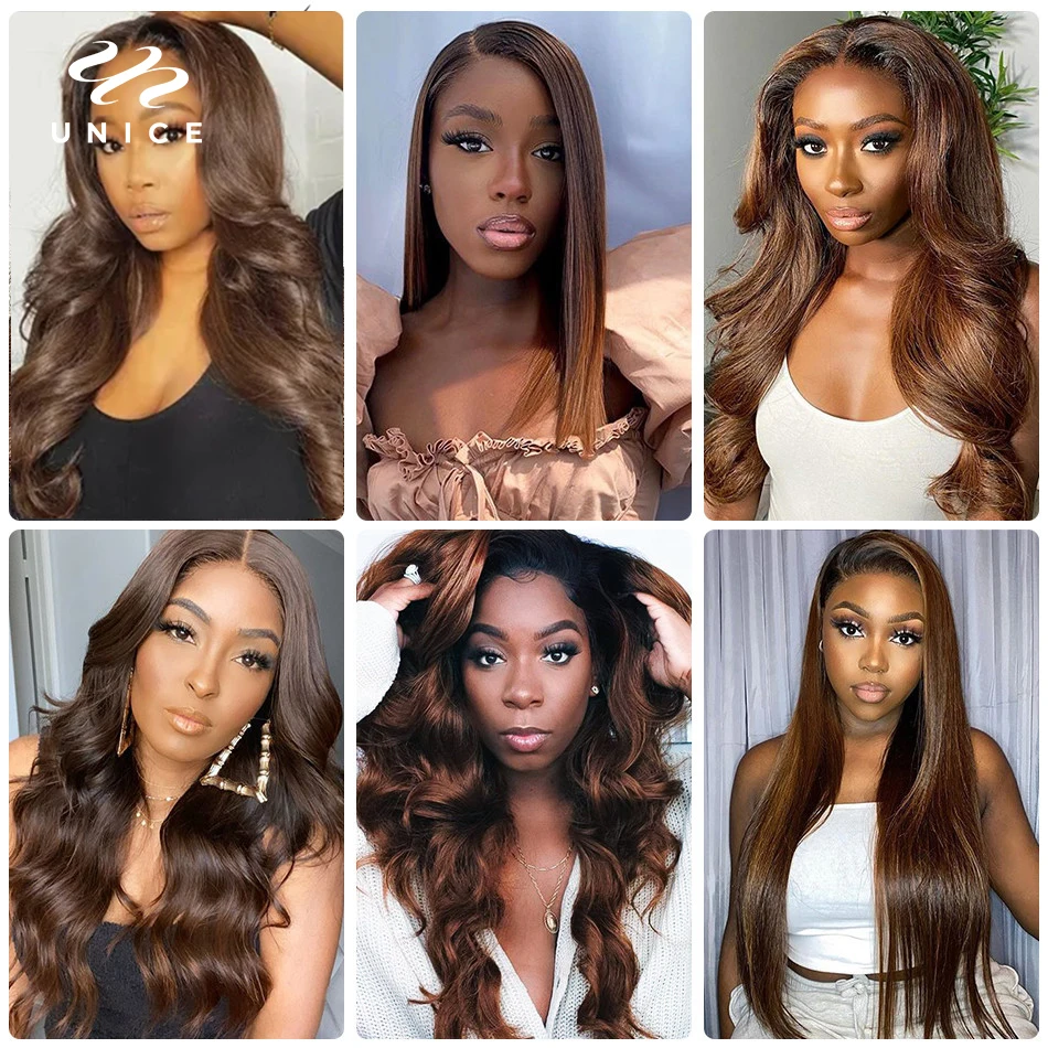 Unice Hair 2# 4# Brown Hair Bundles Caramel Highlight Brazilian Hair Weave Bundles 3 Bundle Deals Straight/ Body Wave Human Hair