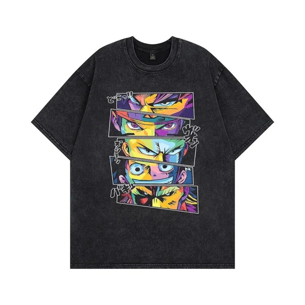 Herren T-Shirt One Piece Cartoon American High Street Vintage Washed Kurzarm T-Shirts Damen Übergroße Kleidung Tops Sommer