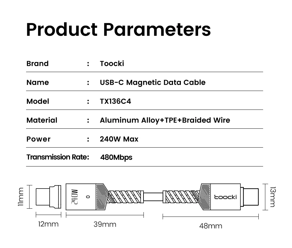 Toocki 240W USB-C Magnetisches Ladekabel PD Schnellladung Typ-C zu Typ-C Kabel für iPhone 17 MacBook Huawei Samsung S26 S25 – Detail 14