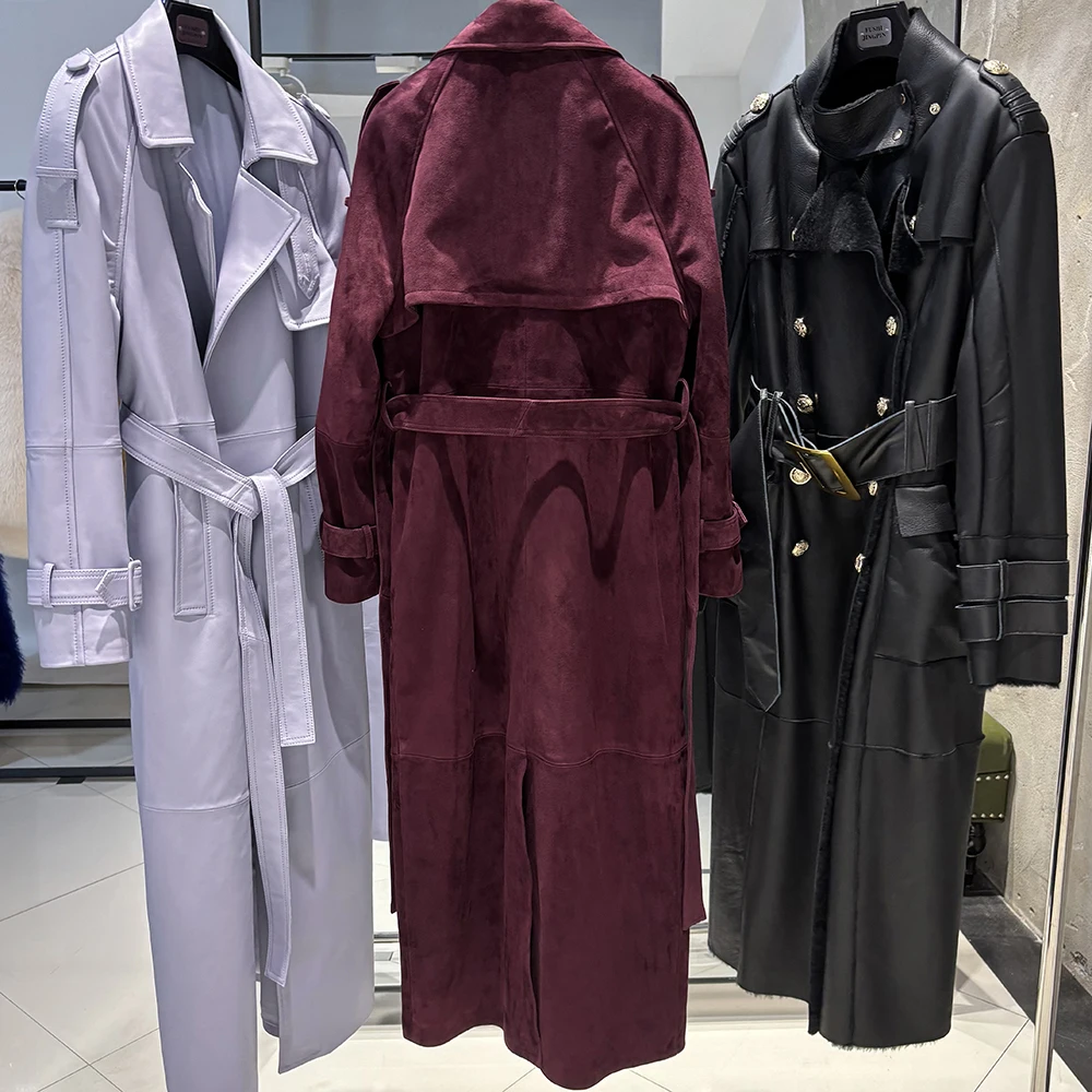 YOLOAgain Double Breasted Suede Jacket Coat Women Real Leather Trench Coat