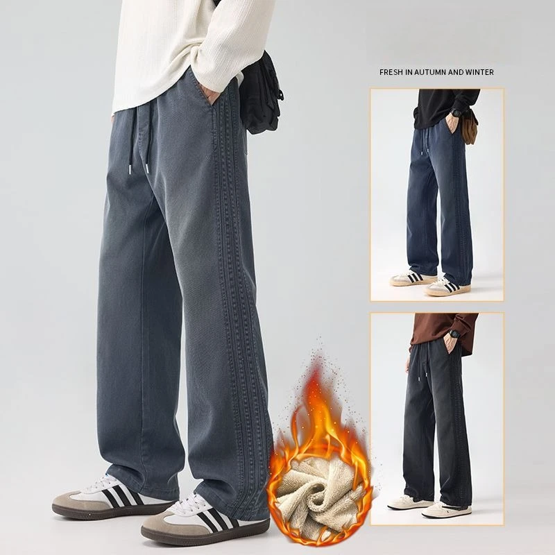 

New Winter Fleece Thick Casual Pants Elastic Water Washing Cozy Pants Straight Fashion Wide Velvet Warm Vintage Male Trouser