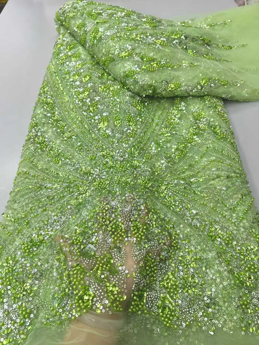 Luxury African Lace Fabric Blue Tulle Lace Fabric 2026 5Yards Heavy Beaded Sequin Tulle Lace for Party Wedding Dresses