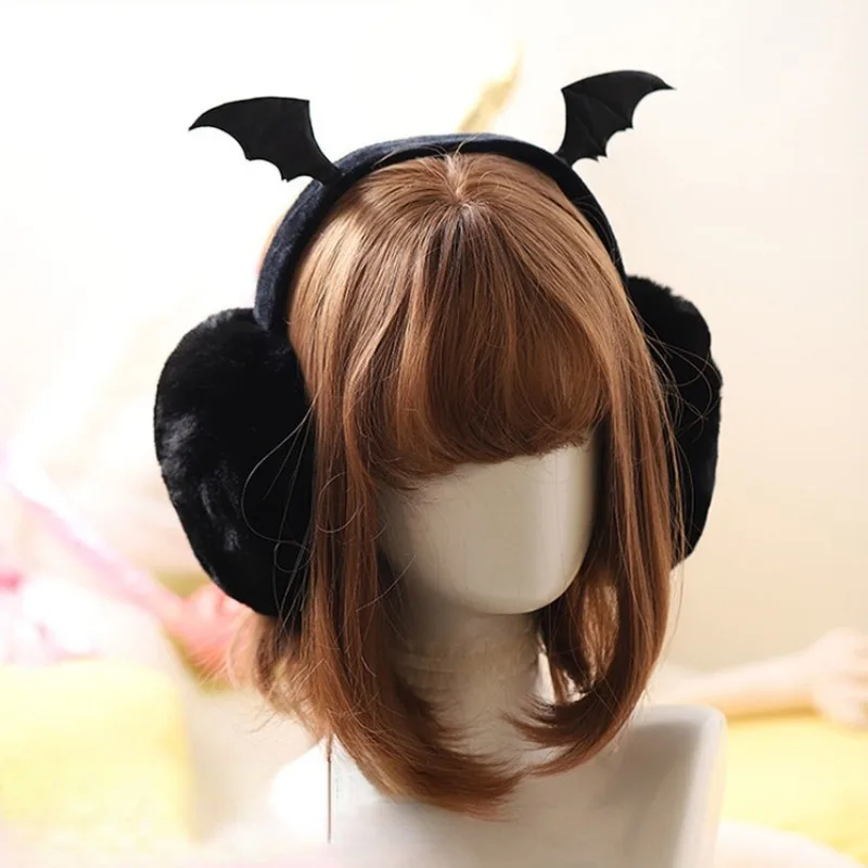 Cute Plush Black Bat Wing Warm Earmuffs Gothic Women\'s Lolita Dark Girl Warmer Muff Ear Cover Lovely Fold Accessories Headband