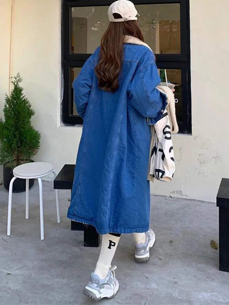 Winter Warm Thicken Lapel Neck Denim Jackets Korean Design Lamb Wool Lined Long Cowboy Abrigos Women Loose Single Breasted Coats - Image 3
